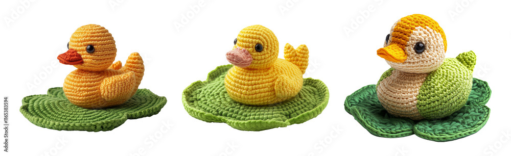 Obraz premium Cute Crochet Ducklings on Leafy Pads Isolated on Transparent Background