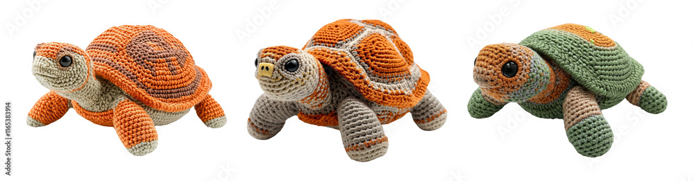Obraz premium Colorful Crochet Tortoises on Transparent Background for Display