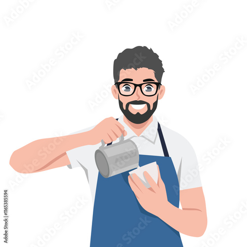 Young Barista pouring coffee into cup making latte art. Flat vector character illustration