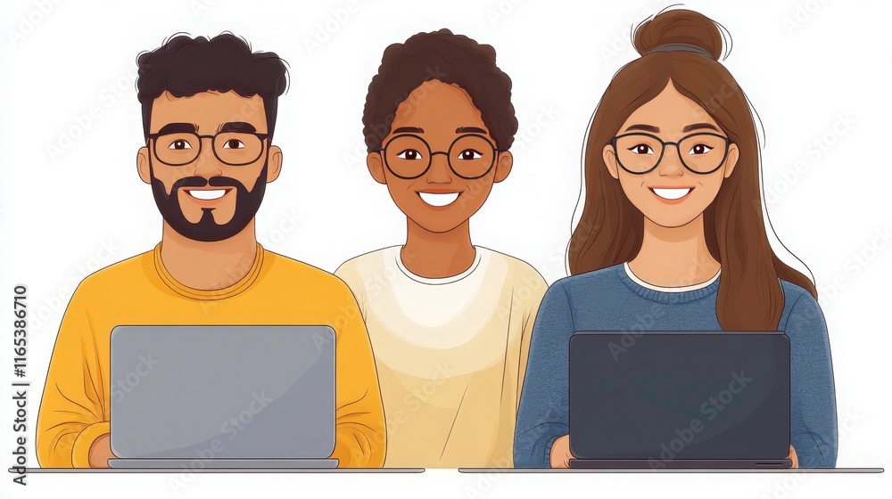 Diverse Group of Young Professionals Engaged in Remote Work at Home with Laptops, Showcasing Team Collaboration and Digital Communication Skills Diverse Group of Young Professionals Engaged in Remote Work at Home with Laptops, Showcasing Team Collaboration and Digital Communication Skills