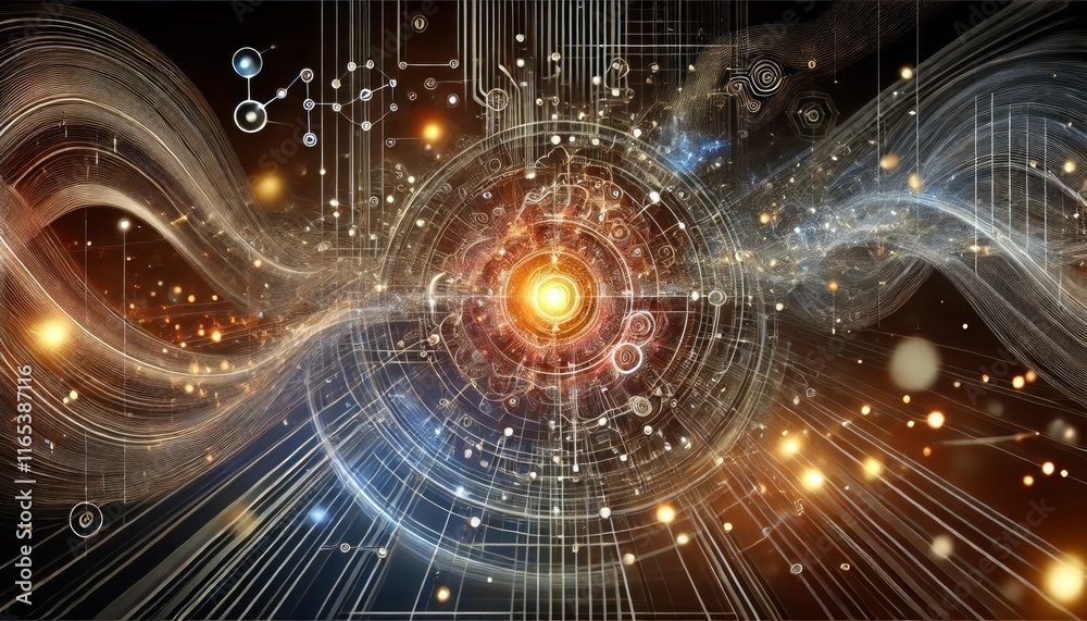 Obraz premium Abstract Visualization of Artificial Intelligence Information Processing: Dynamic Glowing Nodes and Data Flow in Dramatic Lighting