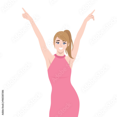 Happy party Woman Character with Raised Hand Cheering. Flat vector character illustration