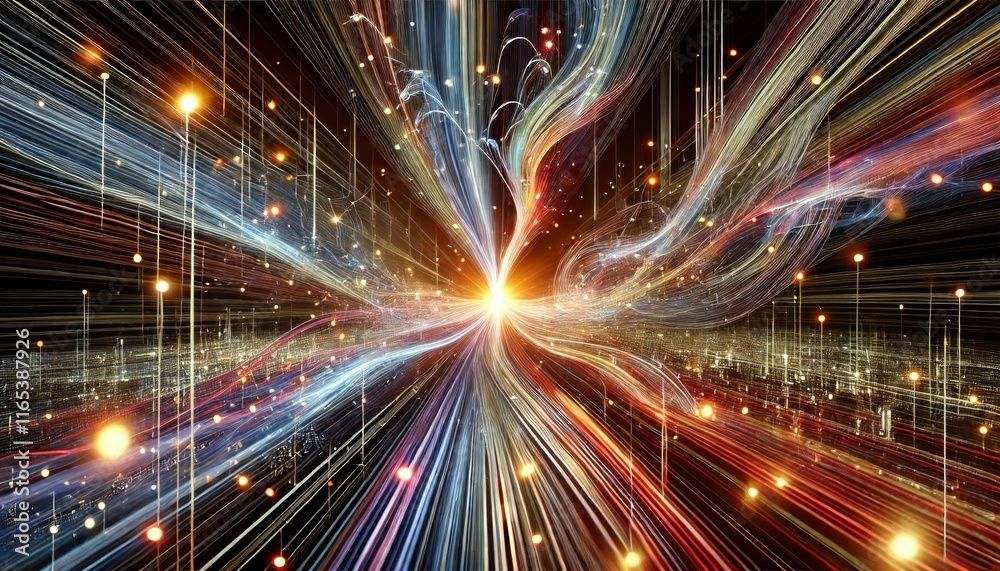 Obraz premium Big Data Concept: Converging Data Streams in Vibrant Colors and Dramatic Lighting, High-Tech Digital Visualization