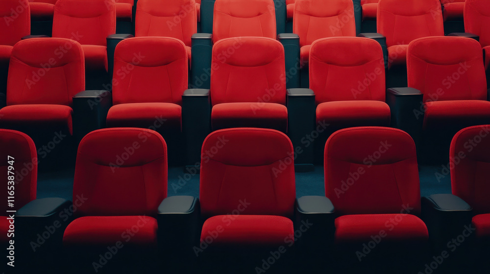 Fototapeta premium Movie theater empty auditorium with red seats, Modern cinema and red chair