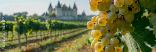 Scenic Vineyard Landscape with Lush White Grape Vines in the Foreground
