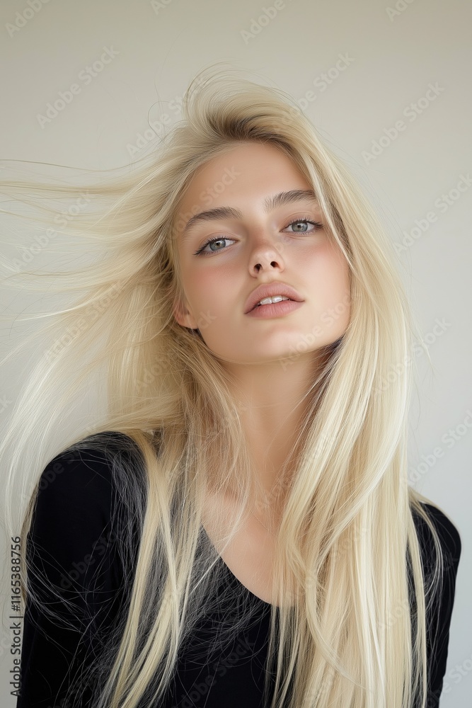 Fototapeta premium A blonde woman with long hair is posing for a photo. She has a light blue shirt on and her hair is blowing in the wind. The photo has a casual and relaxed vibe