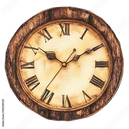 Watercolor illustration of a vintage wooden wall clock with Roman numerals.