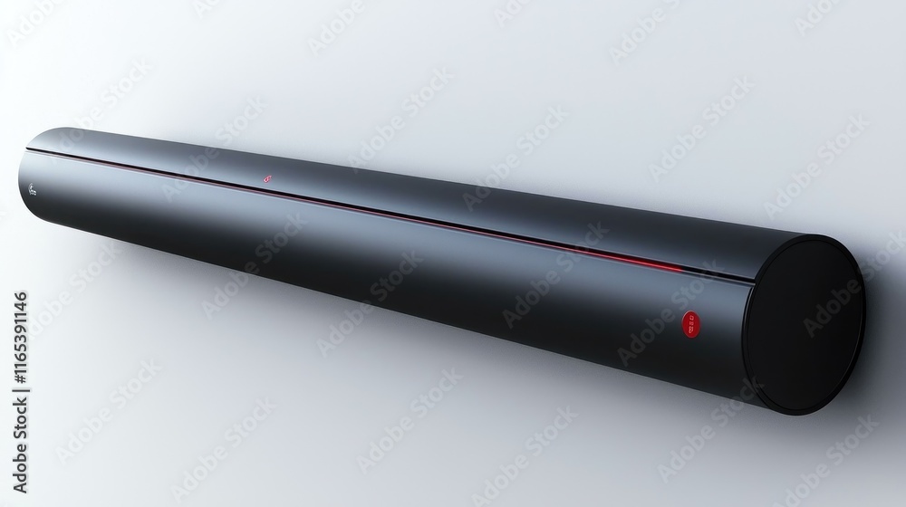 A sleek black device mounted on a wall, possibly a speaker or light. A sleek black device mounted on a wall, possibly a speaker or light.