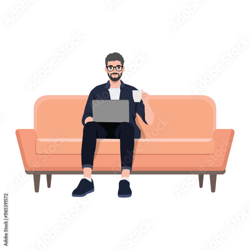 Young Man is sitting with laptop on the sofa at home. Working on a computer with coffee mug. Flat vector character illustration