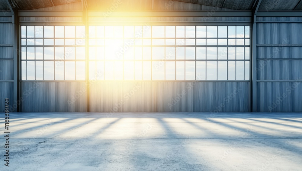 Empty Warehouse with Concrete Floor and Light Shadows from Large Windows Empty Warehouse with Concrete Floor and Light Shadows from Large Windows