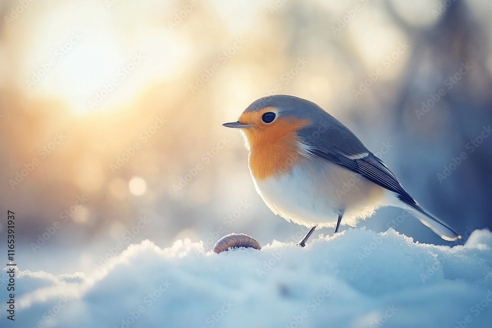 Robin bird perched on snow, winter sunset. Robin bird perched on snow, winter sunset.