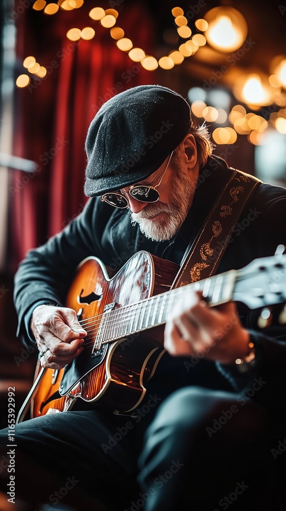 Obraz premium Senior musician playing archtop guitar on stage with bokeh lights