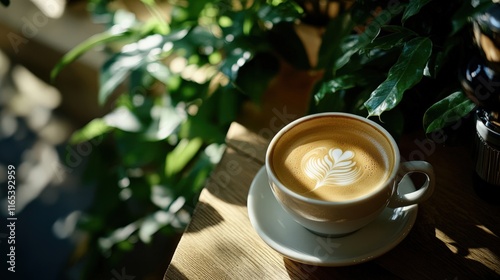 A warm cup of coffee surrounded by fresh green plants in a serene setting. Enjoy the calm and cozy atmosphere.