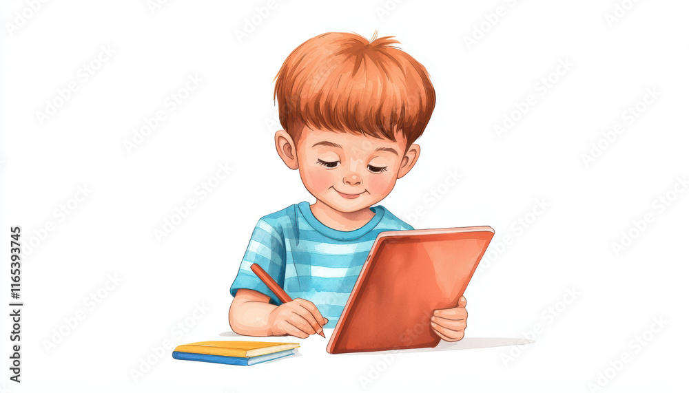 child with brown hair is focused on homework using tablet, surrounded by notebook and pencil. This scene captures essence of remote learning and creativity child with brown hair is focused on homework using tablet, surrounded by notebook and pencil. This scene captures essence of remote learning and creativity