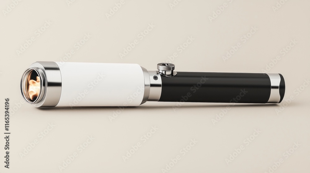 A sleek flashlight with a black and white design for illumination. A sleek flashlight with a black and white design for illumination.