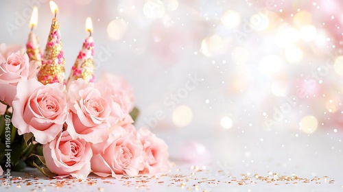 Pink roses and birthday candles on a sparkling background.