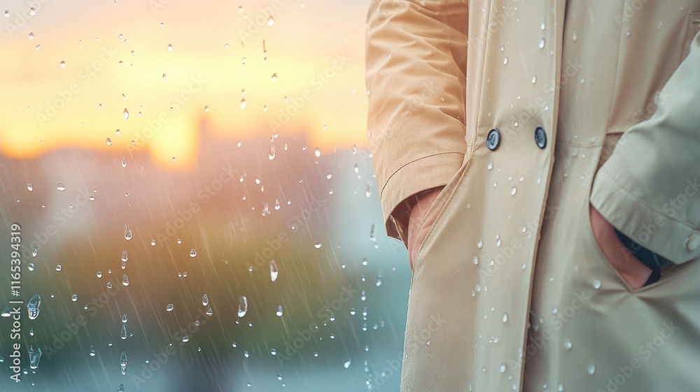 Person standing by window watching the rain. Person standing by window watching the rain.