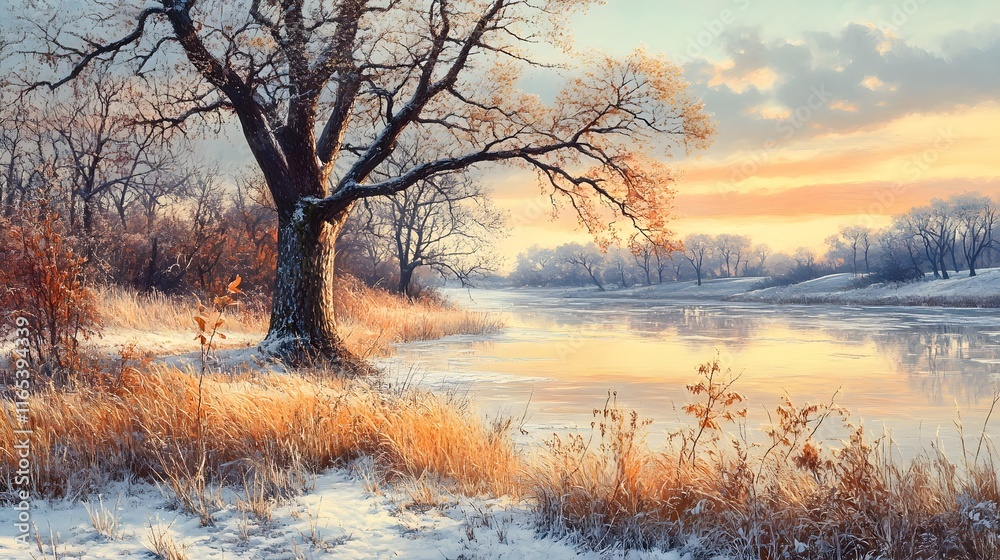 A serene winter landscape with the banks of an idyllic river covered in frost, reflecting the sky and surrounded by lush greenery and trees A serene winter landscape with the banks of an idyllic river covered in frost, reflecting the sky and surrounded by lush greenery and trees