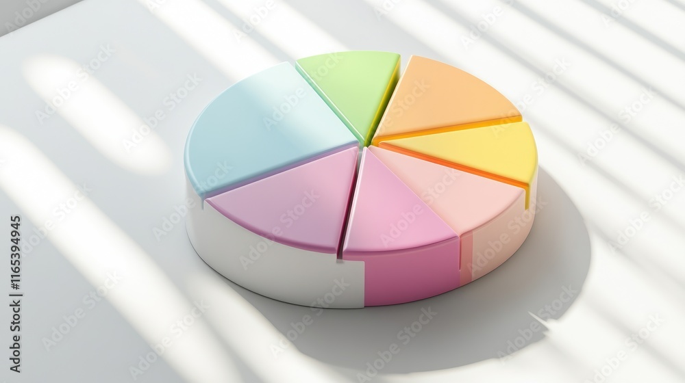 Fototapeta premium D financial pie chart with colorful slices, placed on a white surface with shadow effects, symbolizing data distribution in a business setting