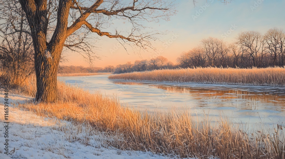 A serene winter landscape with the banks of an idyllic river covered in frost, reflecting the sky and surrounded by lush greenery and trees A serene winter landscape with the banks of an idyllic river covered in frost, reflecting the sky and surrounded by lush greenery and trees
