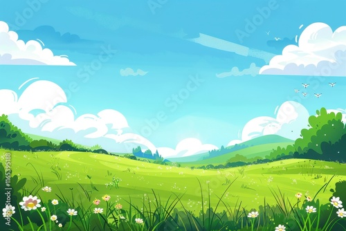 A Vivid Green Meadow Under a Sunny Blue Sky with Puffy Clouds