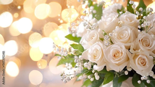 Elegant bouquet of white roses with bokeh background. (1)