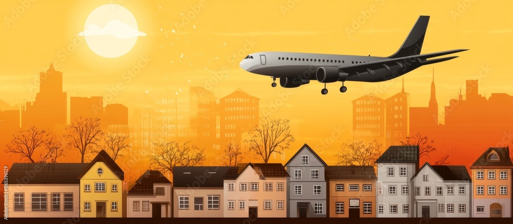 Naklejka premium Minimal Vector Airplane Flying Over City at Sunset