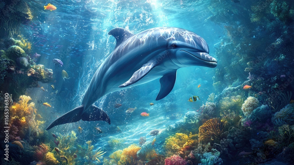 Fototapeta premium An underwater shot of a dolphin gliding gracefully through the ocean, surrounded by schools of fish, showcasing the beauty of marine life