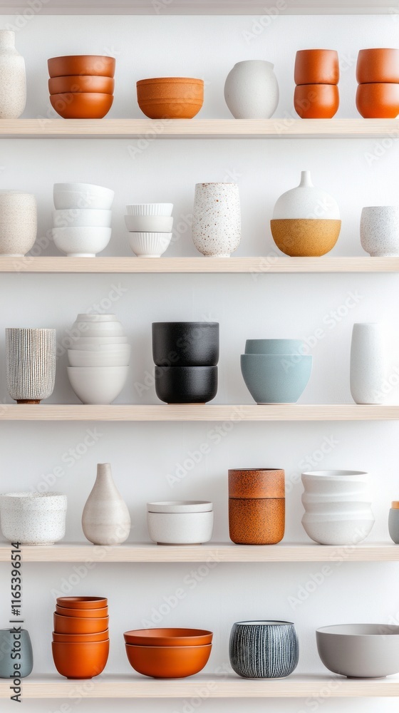 Stylish Ceramic Bowls and Vases Displayed on Wooden Shelves Stylish Ceramic Bowls and Vases Displayed on Wooden Shelves