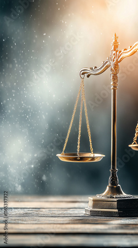 Scales of justice balancing on wooden block symbolizing law and order