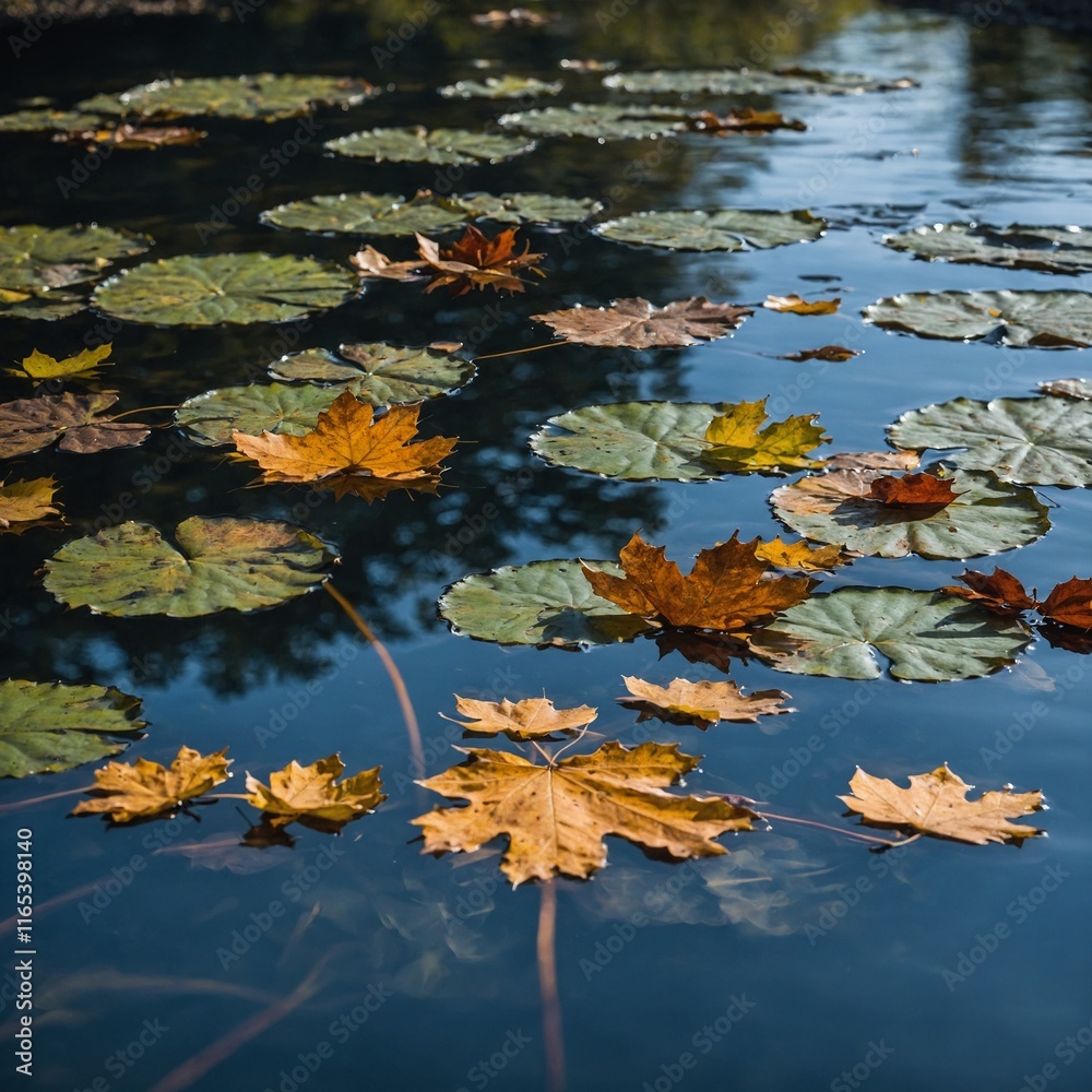 Floating leaves with mountains reflecting in a crystal-clear pond. Floating leaves with mountains reflecting in a crystal-clear pond.