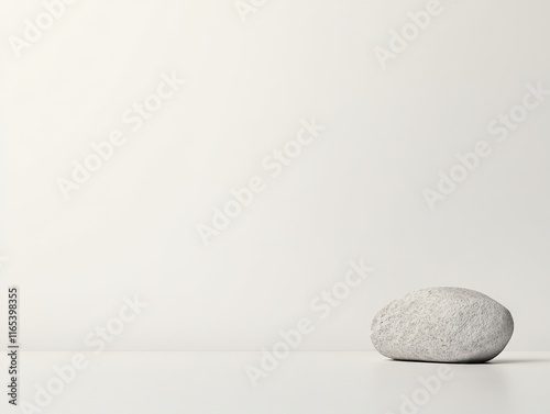 A smooth gray stone rests on a minimalistic white surface, creating a calming aesthetic. photo