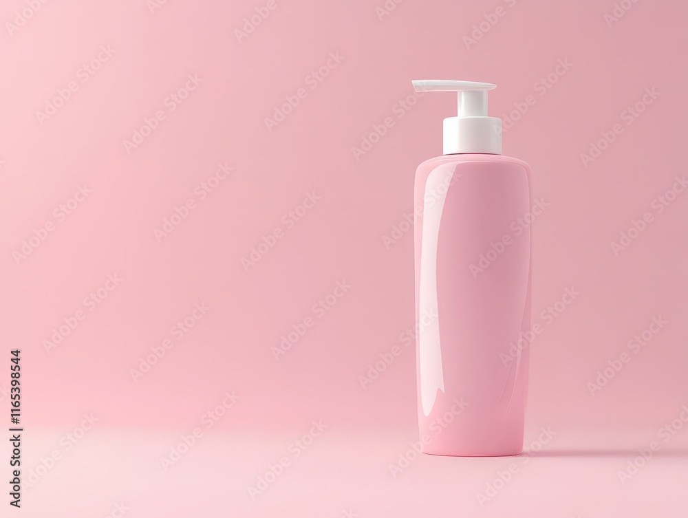 A sleek pink bottle with a pump cap against a soft pink background, ideal for cosmetics or lotion. A sleek pink bottle with a pump cap against a soft pink background, ideal for cosmetics or lotion.