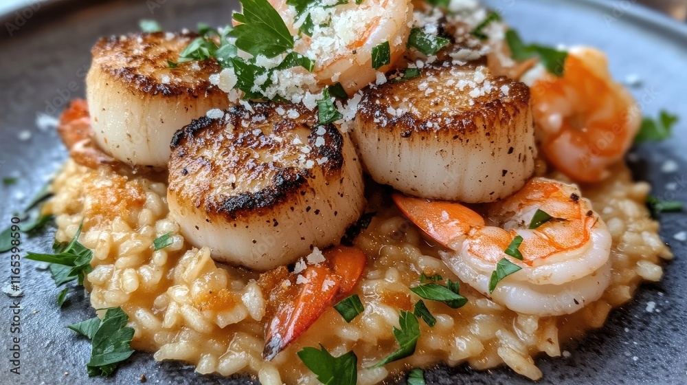 A close-up of a seafood risotto, creamy and rich, featuring pieces of shrimp and scallops, garnished with fresh parsley and a sprinkle of Parmesan cheese A close-up of a seafood risotto, creamy and rich, featuring pieces of shrimp and scallops, garnished with fresh parsley and a sprinkle of Parmesan cheese