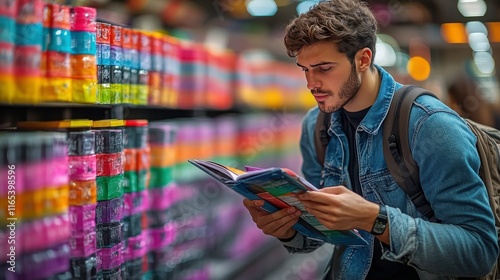Young man browsing colorful magazines in a vibrant store, surrounded by vibrant shelves, exploring options with focused expression and casual style during leisurely shopping experience.