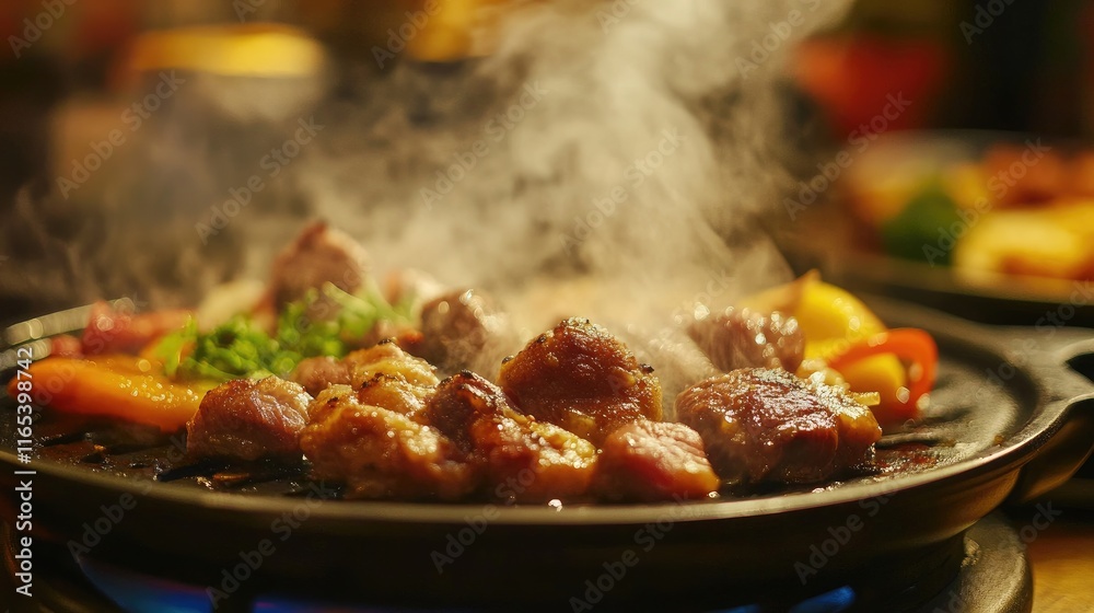 A close-up of a variety of meats and vegetables sizzling on a hot plate, with steam rising and garnishes of herbs and spices, showcasing the appetizing colors and textures of . A close-up of a variety of meats and vegetables sizzling on a hot plate, with steam rising and garnishes of herbs and spices, showcasing the appetizing colors and textures of .