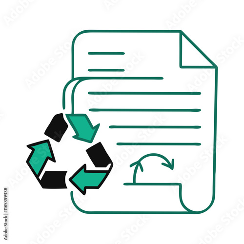 Recycling paper document with green arrows on white background, recycled paper