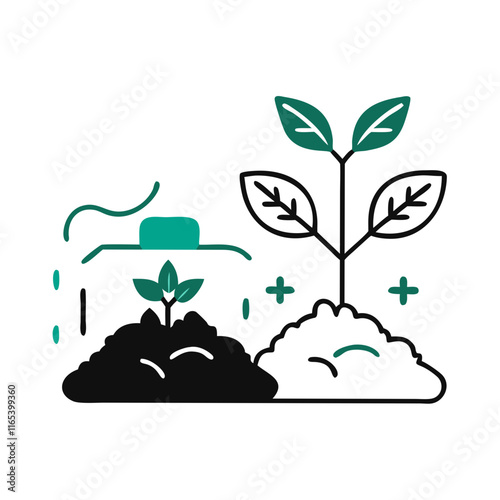 Illustration of growing plants with soil and watering can, soil and plant