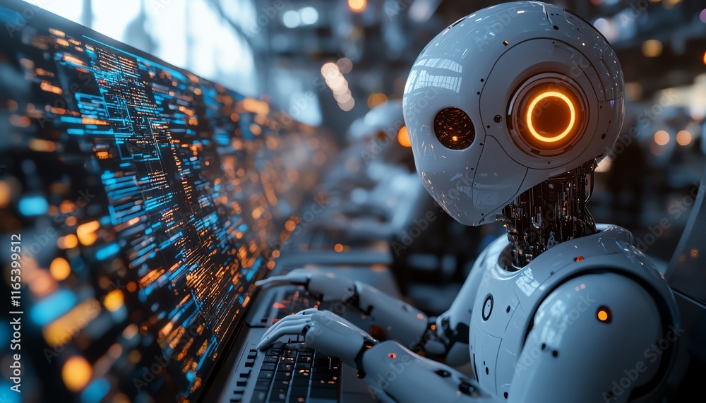 Fototapeta premium Chatbot virtual assistant powered by AI, assisting customers with questions on a website, modern technology and customer support concept