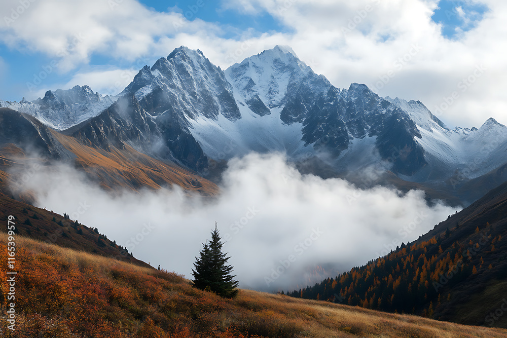 Fototapeta premium Dramatic mountain peaks rise above a sea of clouds, with autumn-colored forests adorning the slopes. The scene captures the rugged beauty of the mountains against a dynamic sky.