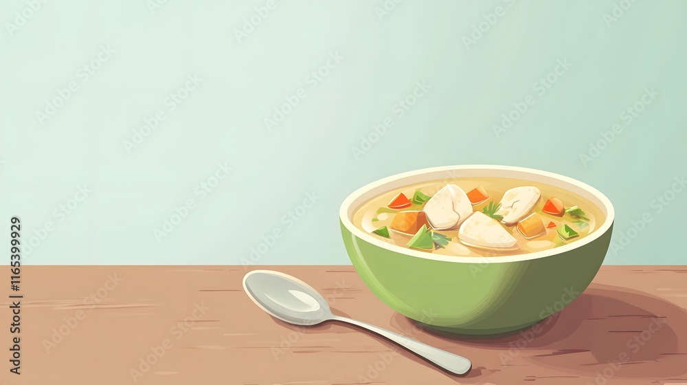 A Bowl of Chicken Vegetable Soup and Spoon