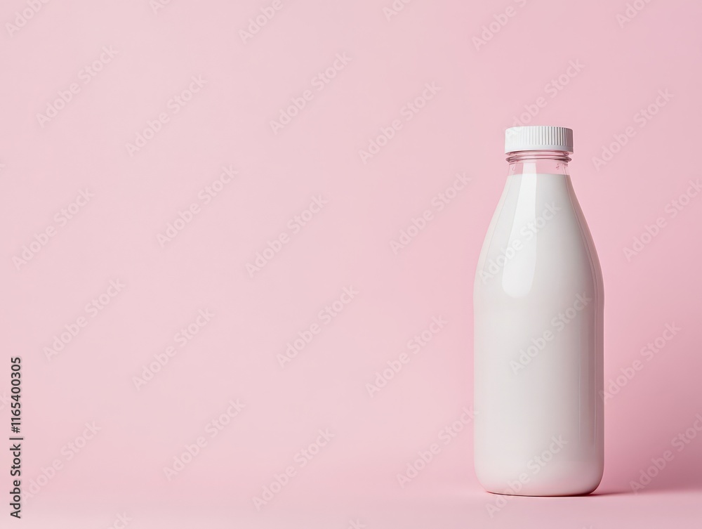 A glass bottle filled with milk against a soft pink background. A glass bottle filled with milk against a soft pink background.