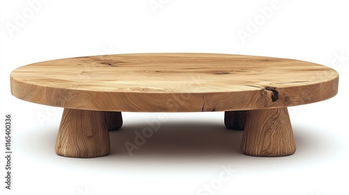 Oval wooden coffee table with four turned legs on white background. photo