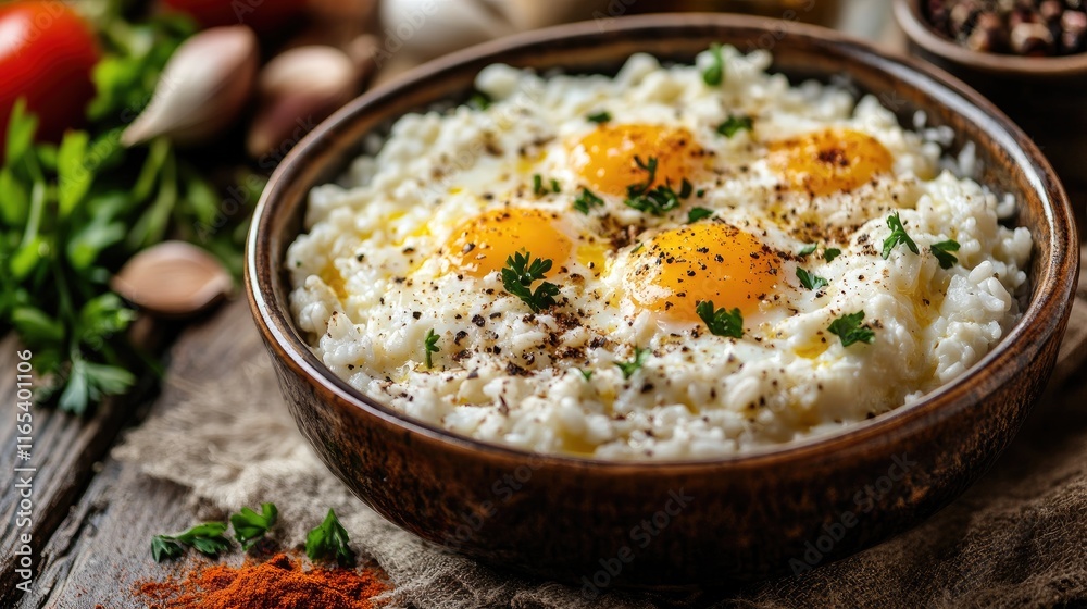 A delicious bowl of rice with creamy scrambled eggs served in a rustic ceramic dish, with a backdrop of fresh herbs and spices, inviting viewers to dig in A delicious bowl of rice with creamy scrambled eggs served in a rustic ceramic dish, with a backdrop of fresh herbs and spices, inviting viewers to dig in