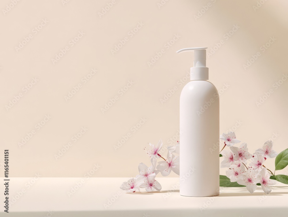 A minimalist scene featuring a white lotion bottle and delicate flowers on a neutral background. A minimalist scene featuring a white lotion bottle and delicate flowers on a neutral background.