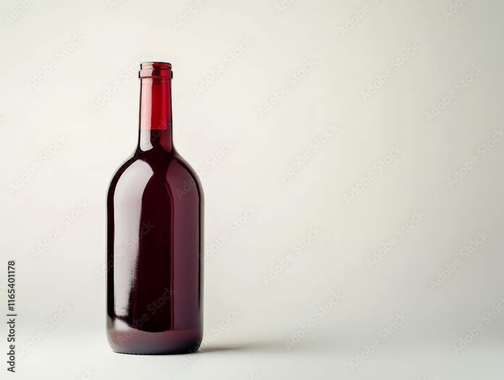 A dark red glass bottle with a red cap, likely for beverages or wine. A dark red glass bottle with a red cap, likely for beverages or wine.