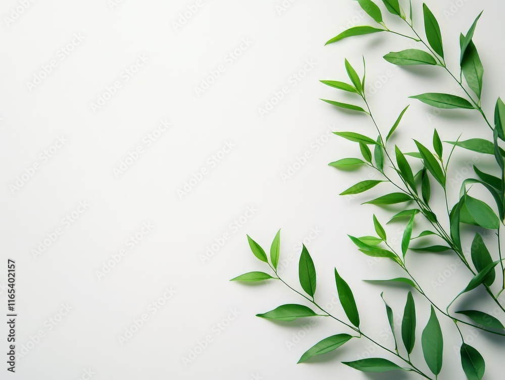 Fototapeta premium A minimalist arrangement of green leaves on a light background, emphasizing nature's beauty.