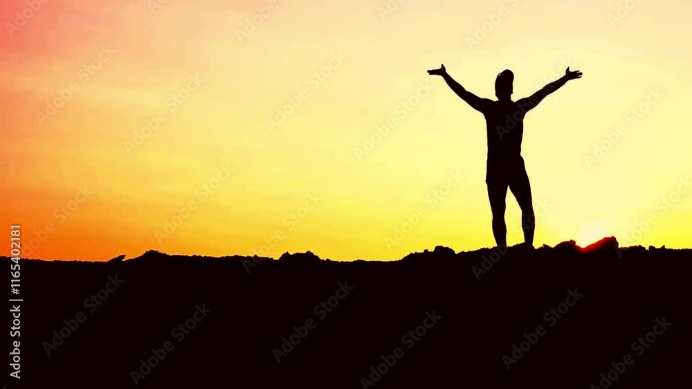 Reaching New Heights: Silhouette of a person with arms raised, standing on top of a hill at sunset, celebrating their success. Their silhouette is outlined against a backdrop of warm. Reaching New Heights: Silhouette of a person with arms raised, standing on top of a hill at sunset, celebrating their success. Their silhouette is outlined against a backdrop of warm.