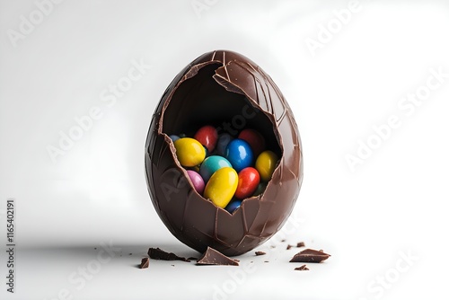 Zoom on a dark chocolate Easter egg, cracked open to reveal colorful candies inside, glossy surface on a white background photo