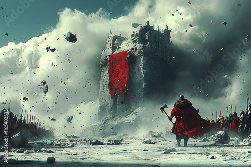 Epic Medieval Battle Scene with Warriors Marching Toward a Crumbling Fortress Draped in a Red Banner Amidst a Stormy Sky photo